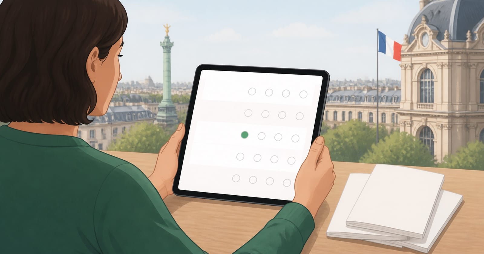 Un candidat passe l’examen civique sur une tablette, devant un écran de questions à choix multiples