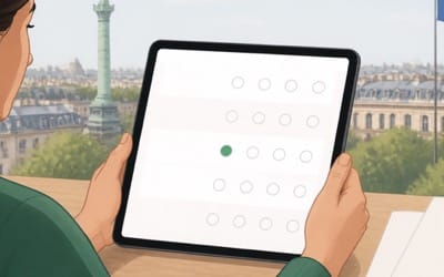 Un candidat passe l’examen civique sur une tablette, devant un écran de questions à choix multiples