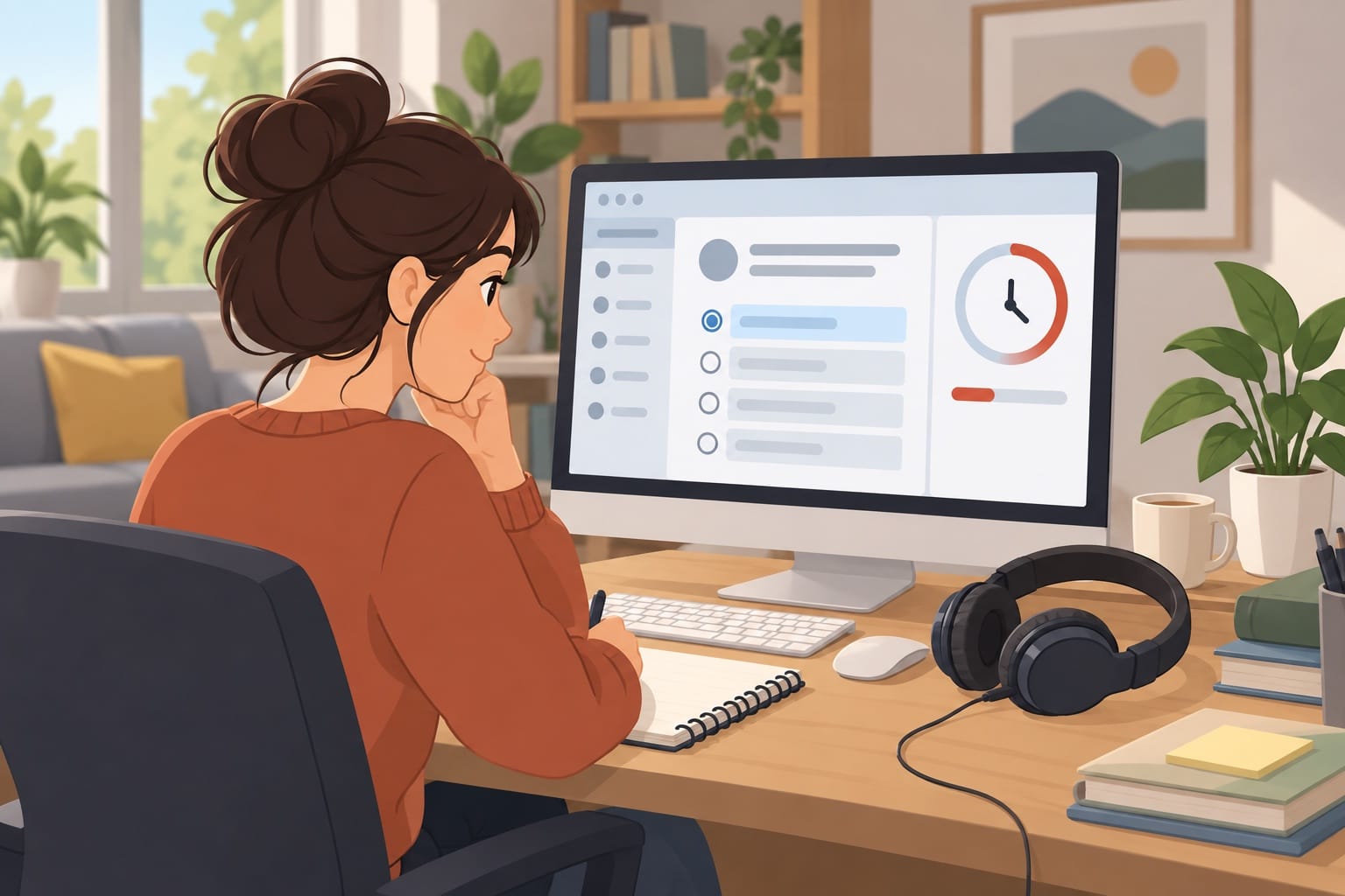 Un casque audio posé à côté d'un écran affichant une question à choix multiple et un minuteur.