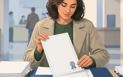 Une personne prépare son dossier de carte de séjour pluriannuelle avec une attestation de niveau A2 en français