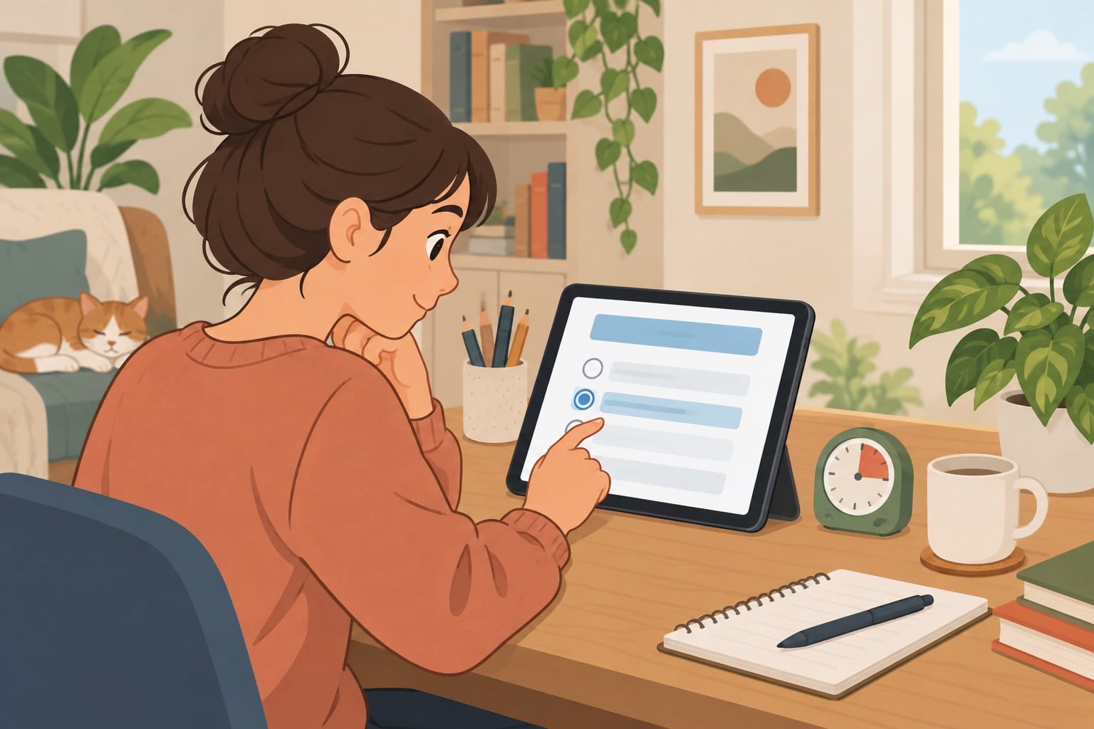 Une personne s’entraîne à un questionnaire de l’examen civique sur une tablette, chronomètre à côté