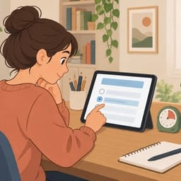 Une personne s’entraîne à un questionnaire de l’examen civique sur une tablette, chronomètre à côté